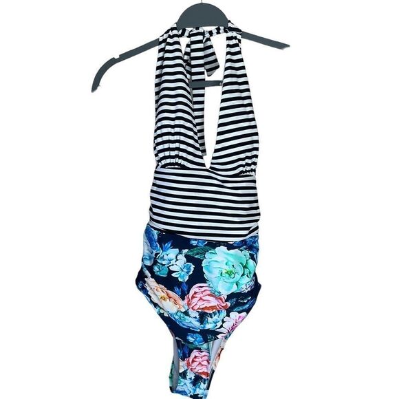 CUPSHE One-Piece Swim Suit Floral Stripes Deep V Halter Style Open Back Size L - Picture 1 of 14